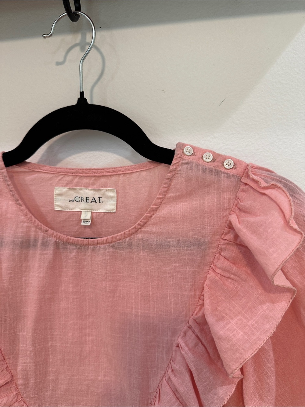 THE GREAT. Pink Ruffle Puff-Sleeve Blouse. Boho. Cottage Core. Coastal Cowgirl. - Picture 7 of 12